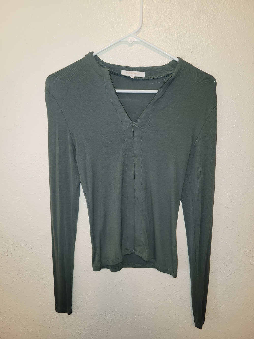 Olivaceous Long Sleeve V-Neck Top in Dark Green